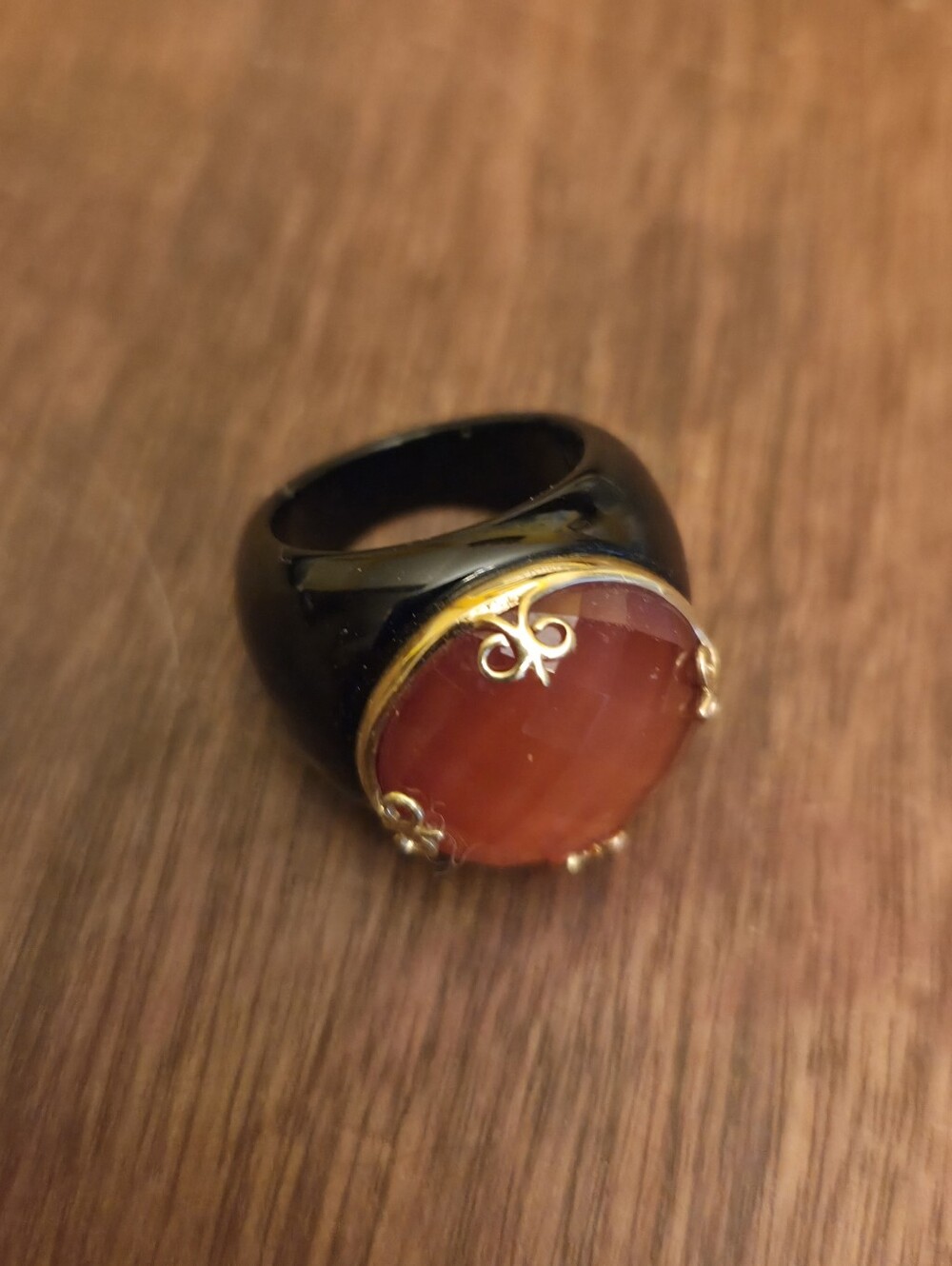 Elegant, Unique Black Resin Ring with Orange Faceted Stone, 14K FP